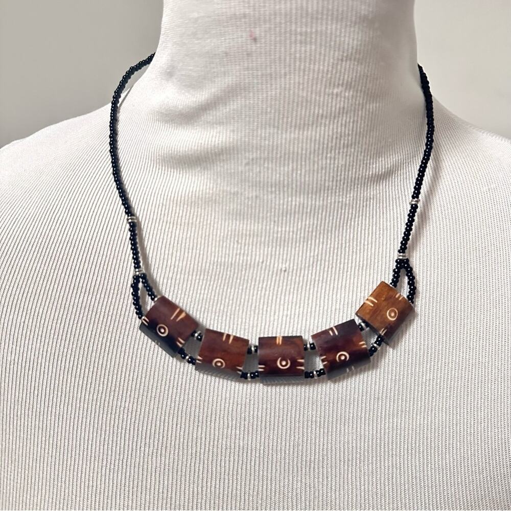 Wooden Beaded Tribal Ethnic Collar Necklace Brown